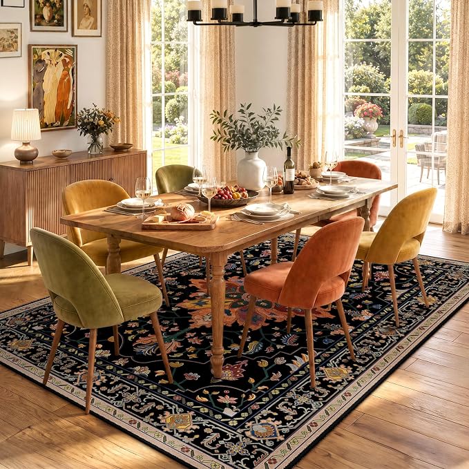 RELEANY Washable Area Rug, 6'x9', Black/Colorful | Non-Slip, Water Repellent, Pet Friendly, Easy to Clean, Vintage Floral Boho Decor for Living Room Bedroom Dining Room Office