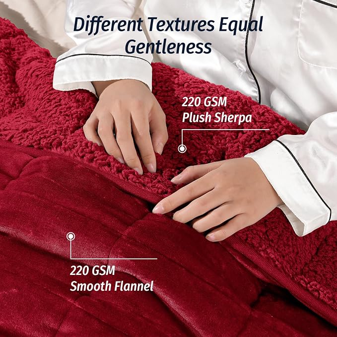 Sherpa Fleece Weighted Blanket for Adult 15lb Queen 60"x80" Burgundy | Deep Pressure Wraps, Relax Body & Mind, Better Sleep, Dual Sided Cozy Heavy Blanket, Soft Plush Flannel Top, Ideal Gift