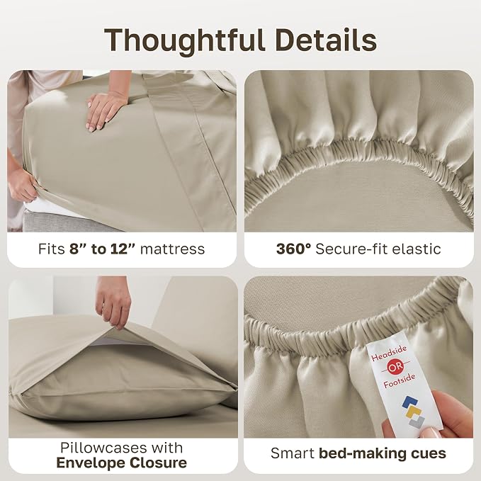 2-Pack Soft Natural 100% Cotton Twin Bed Sheet Set - Beige (Warm Taupe) | Backed by Good Housekeeping Seal, Soft Sateen, Light & Breathable For Hot Sleepers, All-Around Elastic, Easy Care
