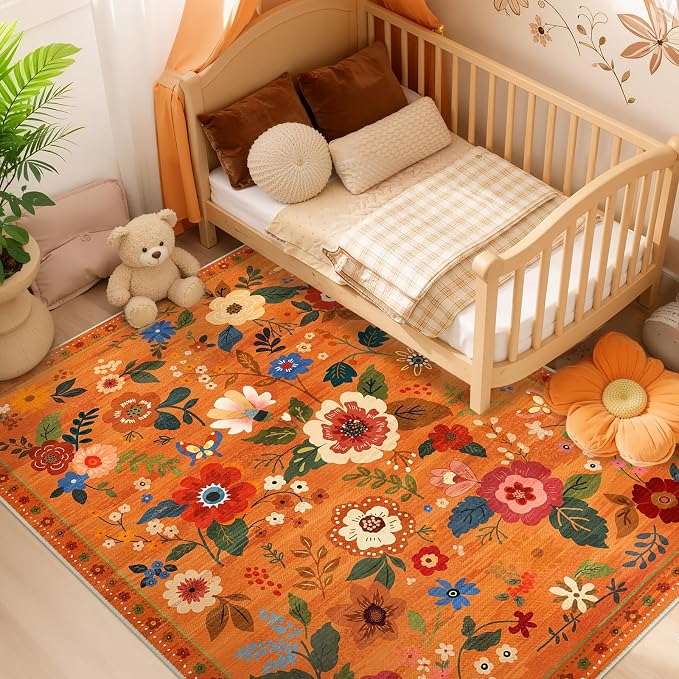 RELEANY Floral Washable 6x9 Area Rugs BurntOrange | Flower Carpet, Print, Boho, Non-Slip, Easy to Clean, Soft, Low Pile for Living Room Bedroom Kitchen Office Entryway Hallway