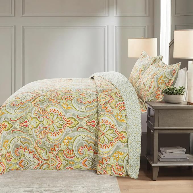 Cotton Bedspread Quilt Sets-Reversible Patchwork Coverlet Set, European Beige Floral Pattern, California King Size