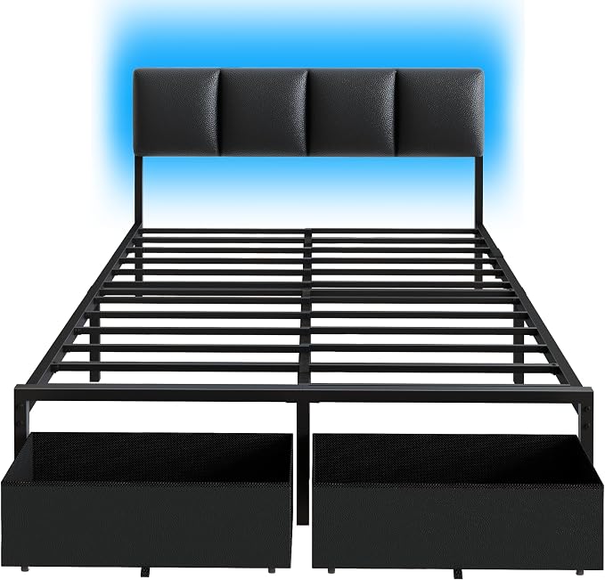 Full Size Bed Frame with PU Upholstered Headboard and 2 Drawers | Metal Platform Bed with Charging Station, LED Light and Fabric Storage Drawers, Noise Free, No Box Spring Needed, Black