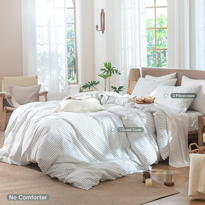 MooMee Striped Duvet Cover Set 100% Washed Cotton Linen Like Oversized King | Relaxed Linen-like Texture. Soft, Breathable & Long-lasting Comfort. Lightweight. Hidden Zipper with 8 Interior Corner Ties