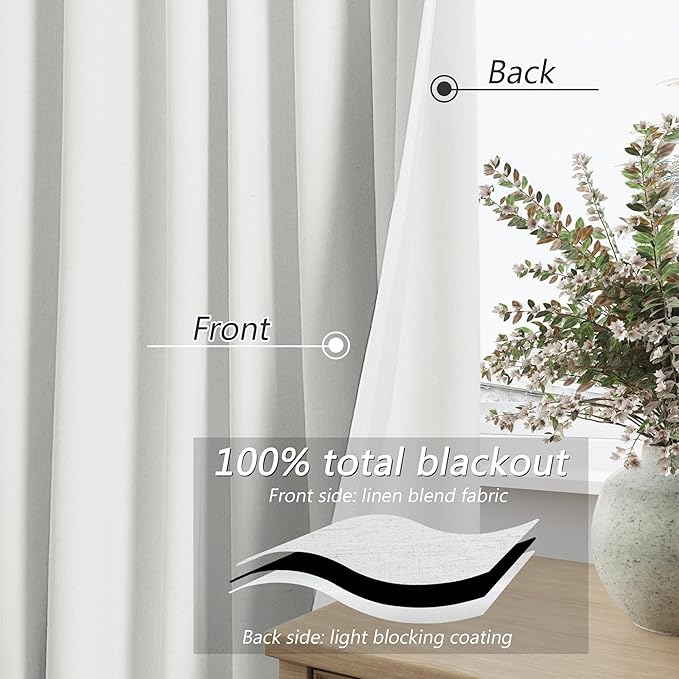 White 100% Blackout Linen Curtains 90 Inch Length 2 Panels Set for Living Room Bedroom Back Tab Thermal Insulated Black Out Drapes Room Darkening Farmhouse Window Curtains 90 Inches Long