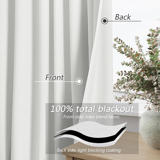 White 100% Blackout Linen Curtains 95 Inch Length 2 Panels Set for Living Room Bedroom Back Tab Rod Pocket Thermal Insulated Black Out Drapes Room Darkening Window Curtains 52x95