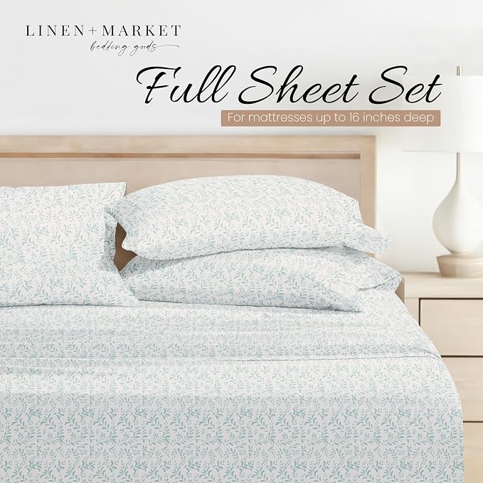 Linen Market Patterned Microfiber Full Sheet Set 4 Piece – Oeko-TEX Certified Ultra Soft & Wrinkle-Free - 16" Deep Pocket Sheets - Easy Care Full Size - Burst of Vines Light Blue