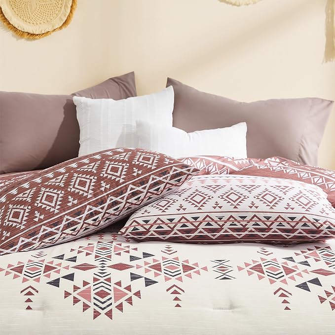 Full Size Comforter Sets - 7 Pieces Western Bedding Reversible Bed in a Bag | Boho Bedding, All Season Aztec Bed Set with Comforter, Sheets, Pillowcases & Shams, Burgundy