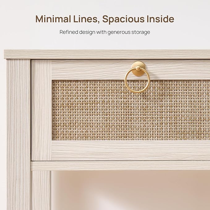 SICOTAS White Rattan Nightstand Set of 2 with Storage Shelf, Bedside Tables | Night Stand Set of 2 with Rattan Drawer, Boho End Tables with Storage for Bedroom, Guest Room, Apartment, and Small Spaces