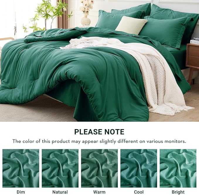 7 Pieces King Comforter Set, Soft Bed in a Bag King Size, All Season Bedding Set with Comforter, Flat Sheet, Fitted Sheet, Pillowcases & Shams, Emerald Green