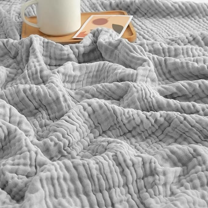 EMME Muslin Blankets for Adults Throw Blanket for Couch Breathable Gauze Soft Lightweight Airy Light Grey Throw XL 50" x 71"