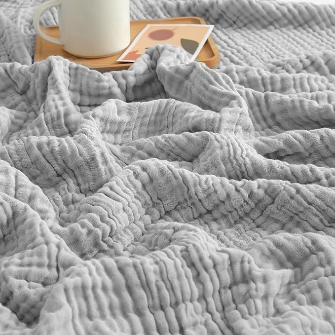 EMME Muslin Blankets for Adults Throw Blanket for Couch Breathable Gauze Soft Lightweight Airy Light Grey Super King 120" x 94"