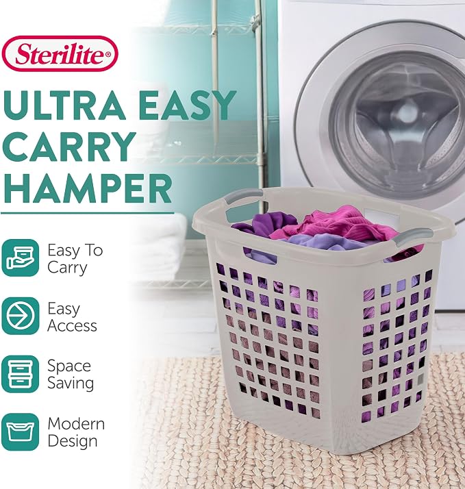 Sterilite Ultra Easy Carry Hamper, Laundry Basket Organizer, 4-Pack | 2.1 Bushel, Gray Pumice - Large Plastic Clothes Bin for Home, Dorm, Bathroom, and Bedroom Organization