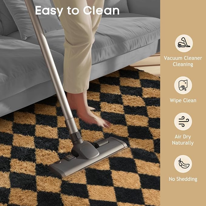 Ophanie Black & Beige Diamond Checkered Rugs for Living Room Bedroom,Rhombus Fluffy Soft Cute Fuzzy Area Rug,Plush Shaggy Bedside Floor 4x6 Furry Carpet Kids Dorm Decor with Over 99 pcs Pile fibers