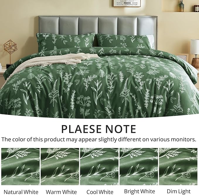 MUXHOMO Duvet Cover Twin/Twin XL Size Set, Reversible Floral Dark Green Duvet Cover with Zipper Closure, 2 Pieces Botanical Patterns Soft Bedding Set with 4 Ties (68"x90", 1 Pillow Case)