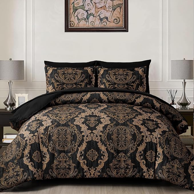 WONGS BEDDING Black Comforter Set California King Size, Gold Damask 7 Pieces Bed in a Bag Microfiber Comforter Bedding Sets -1 Comforter, 1 Flat Sheet, 1 Fitted Sheet, 2 Pillow Shams, 2 Pillowcases