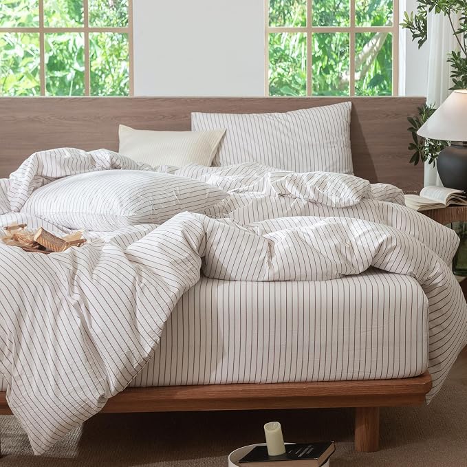 MooMee Striped Duvet Cover Set 100% Washed Cotton Linen Like King | Relaxed Linen-like Texture. Soft, Breathable & Long-lasting Comfort. Lightweight. Hidden Zipper with 8 Interior Corner Ties