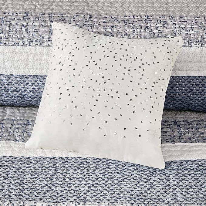 Madison Park Lustrous Jacquard Lightweight Navy Queen Quilt Set, 6pc | All Season Bedding Set, Glitter Accent Coverlet Set, Machine Washable, Cozy, Breathable, Soft, Modern, Casual