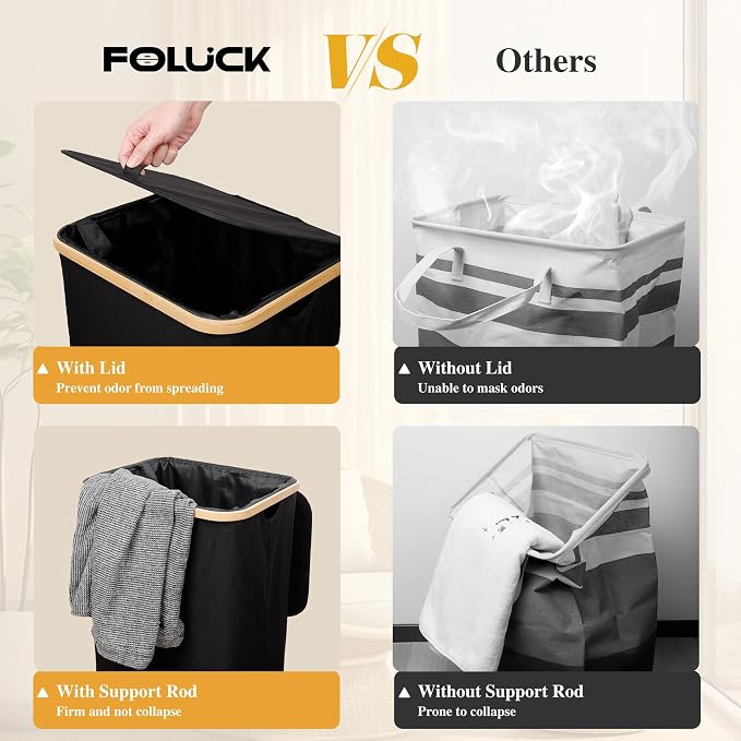 Foluck 100L Laundry Hamper with Lid Removable Bag and Bamboo Handles | Waterproof Self-locking Inner Bag, 3 Different Handles, 600D Cationic Cloth, for Dorm Bedroom Bathroom