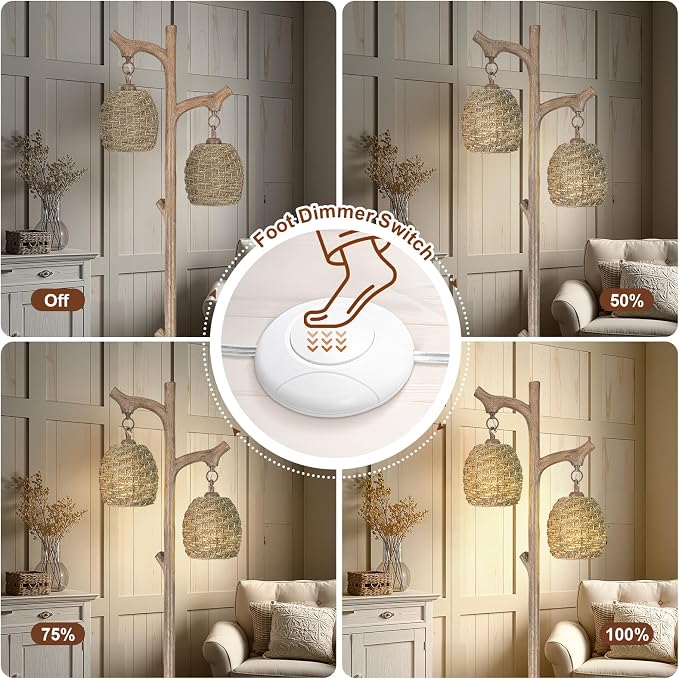 Scenekoy Vintage 68” Tall Resin Floor Lamp with Straw Rope Woven Shade | Tree Trunk Finish Retro Standing Lamp, Dimmable Brightness, Corner Stand Up Lamp with Bulb for Living Room Bedroom Home Decor