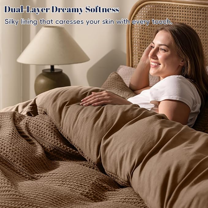 PHF Soft Waffle Duvet Cover King Size- Durable Breathable Waffle Weave Duvet Cover(104"x90") with 2 Pillow Shams, 3 Pieces Luxury Textured Bedding Set for All Season, Mocha