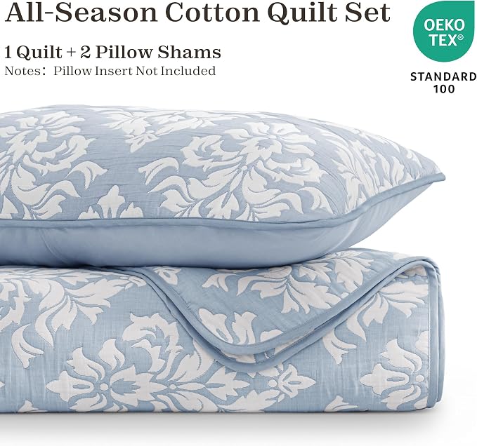Exclusivo Mezcla Cotton Quilts Queen Size Blue | Soft Lightweight Bedspread, Breathable Prewashed Yarn Dyed Muslin, All Season Bedding Set, Boho Coverlet With 2 Pillow Shams