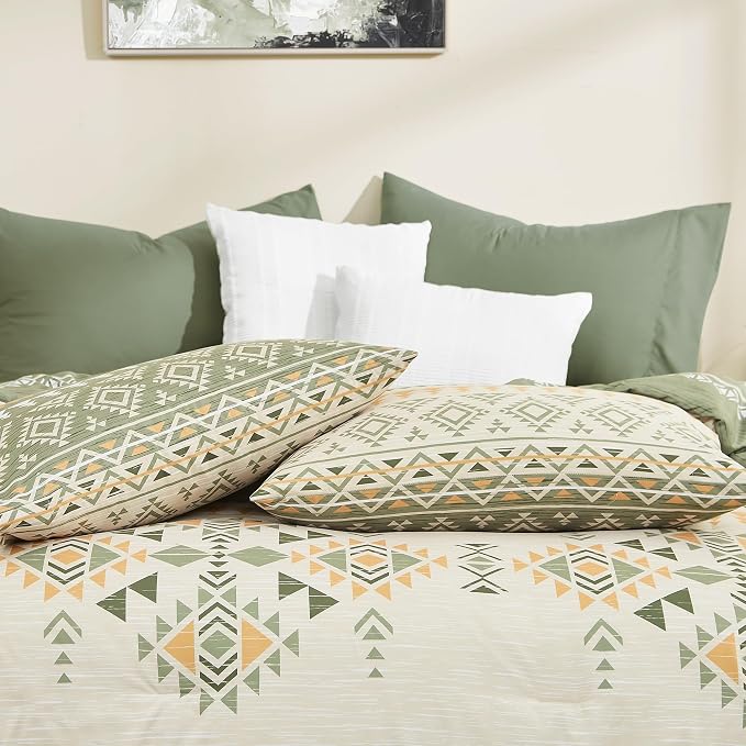 King Size Comforter Set - 7 Pieces Western Bedding Reversible Bed in a Bag | Boho Bedding, All Season Aztec Bed Set with Comforter, Sheets, Pillowcases & Shams, Olive Green