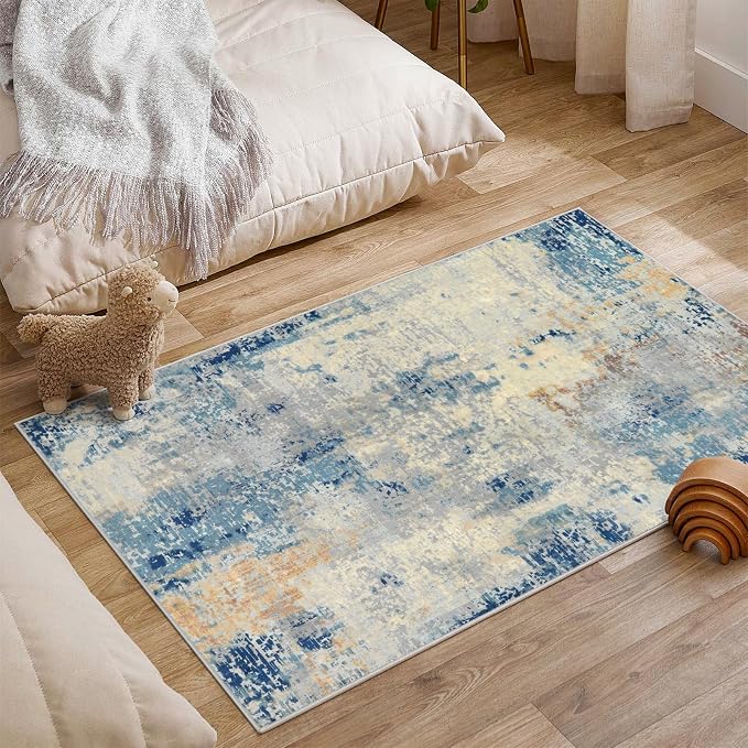 Lahome Modern Abstract Kitchen Rug - 2x3 Washable Small Front Doormat Soft Throw Rugs for Entryway Non-Slip, Contemporary Faux Wool Floor Indoor Carpet for Bathroom, Blue/Yellow/Ivory