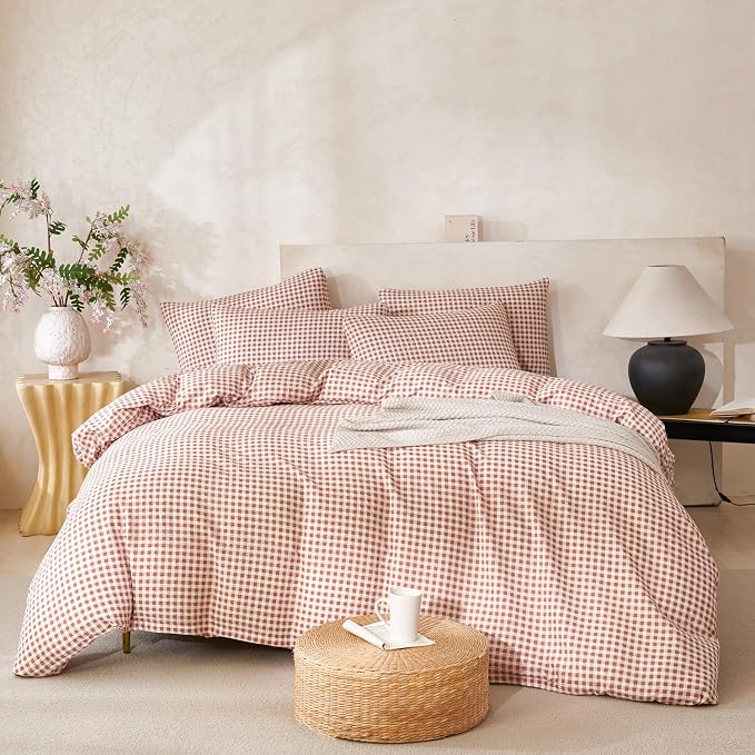 Brown Comforter Set King Soft Luxury Washed Microfiber 3 Pieces Bedding, White Brown Grid Pattern Comforter with 2 Pillowcases Breathable Durable Comfy