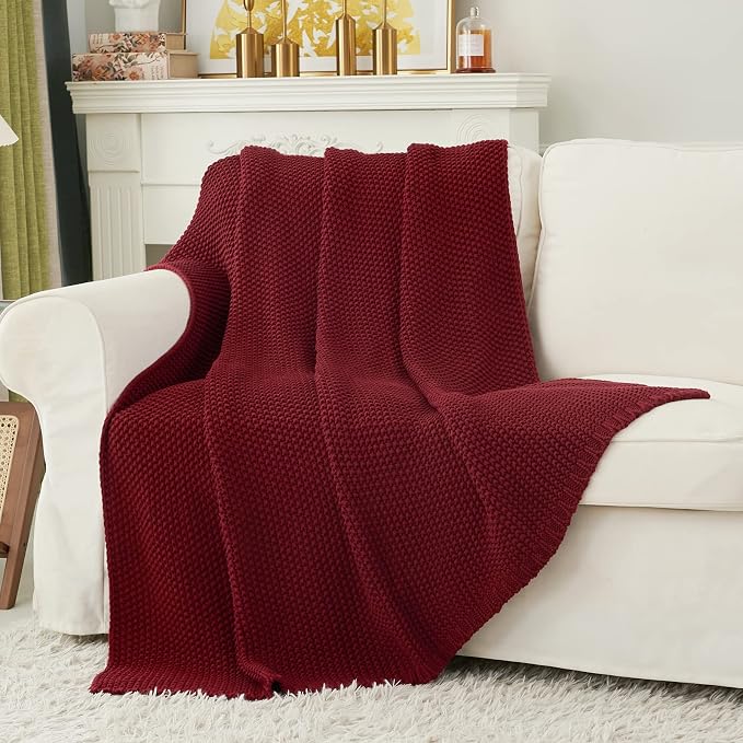 Chunky Cable Knit Throw Blanket Lightweight Burgundy 100% Organic Cotton Blanket for Sofa Couch Bed Baby Nursery, Rustic Shabby Chic Modern Farmhouse, 51” x 63” Give Laundering Bag
