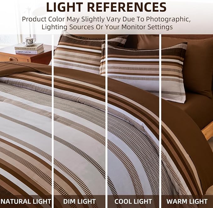 Dobuyly Fall Brown Comforter Full Size Set 7 Pieces, Boho Striped Bed in a Bag Full Soft Microfiber Bedding Set with Comforter, Sheets, Pillowcases & Shams