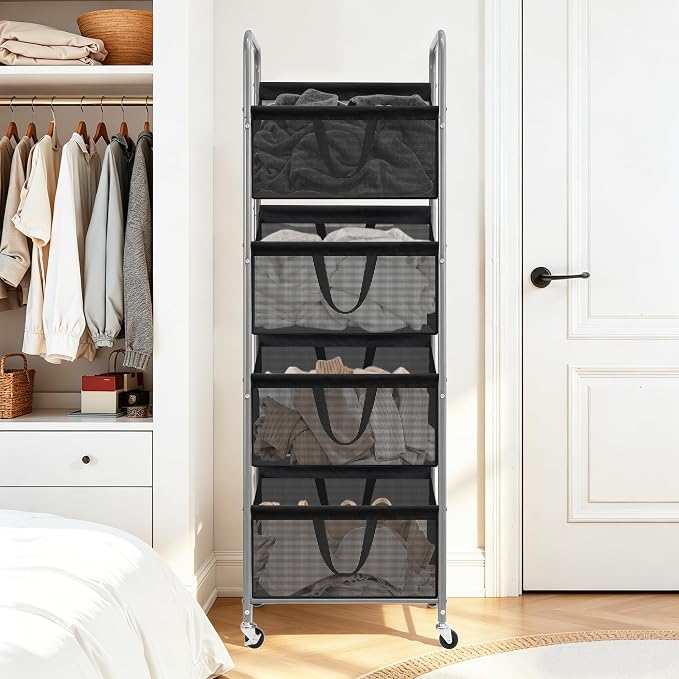 STO STO 4-Tier Vertical Rolling Laundry Hamper, Removable Bags, Black Mesh | 160L Capacity, Space-Saving Vertical Design, Rust-Resistant Steel Frame, Lockable Wheels, Ideal for Apartments & Small Spaces