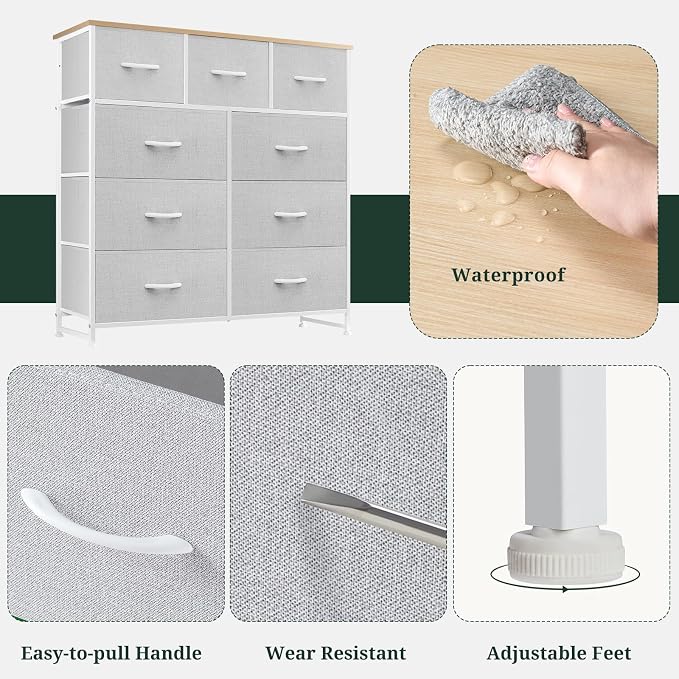 9-Drawer Dresser for Bedroom, Anti-Tip Tall Storage Organizer | Chest of Drawers with Wooden Top and Metal Frame Fabric Bins for Closet, Living Room, Hallway, Entryway, Light Gray