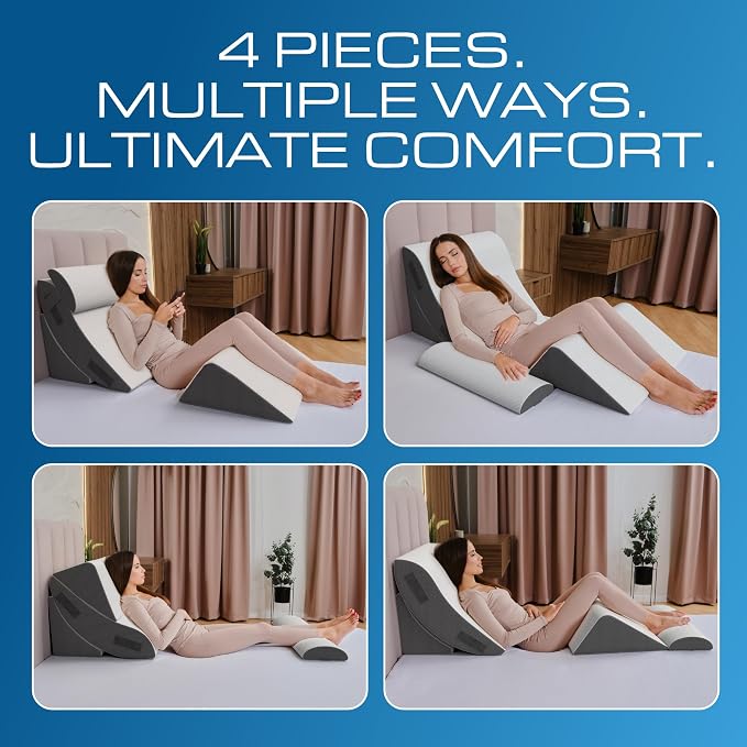 Kolbs 4pcs Orthopedic Bed Wedge Pillow Set | Stylish Chic Plush Velvet Cover | Post Surgery Body Pillow, Wedge Pillows For Sleeping | Acid Reflux and Gerd Wedge Pillow For Sleeping (4 Piece Wedge Set)