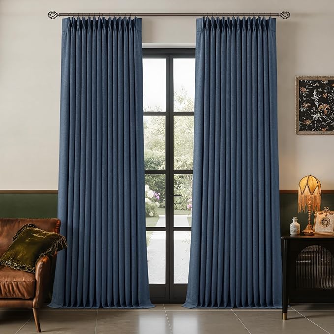 100 Inch Pinch Pleat Navy Blue 100% Blackout Curtains with Liner 2 Panels | Thick Linen Double Layer Curtain, Modern Neutral, Room Darkening Thermal Insulated, for Dining Room Bedroom, 100 Inches Long