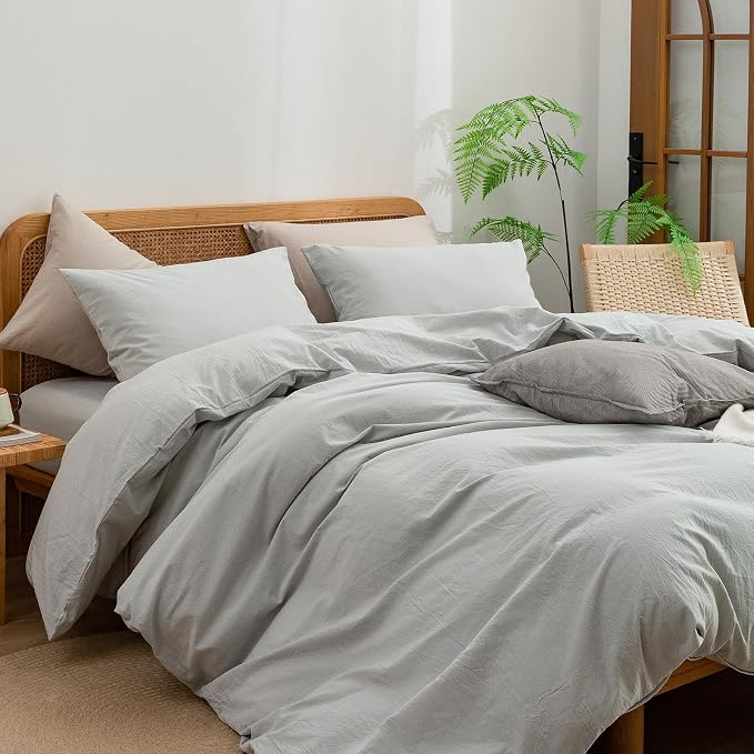 BESTOUCH Cotton Solid Duvet Cover Set Northern Droplet Grey Super King Plus | 100% Washed Cotton, Soft Wrinkle Texture, Hidden Zipper, 8 Ties, Breathable Lightweight Durable Comfy, 3 Pcs No Insert