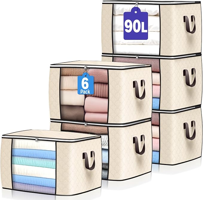 90L Large Storage Bags, 6 Pack Clothes Storage Bins Closet Organizers | Foldable Storage Containers, with Reinforced Handle, for Clothing, Blanket, Comforters, Bed Sheets, Pillows and Toys