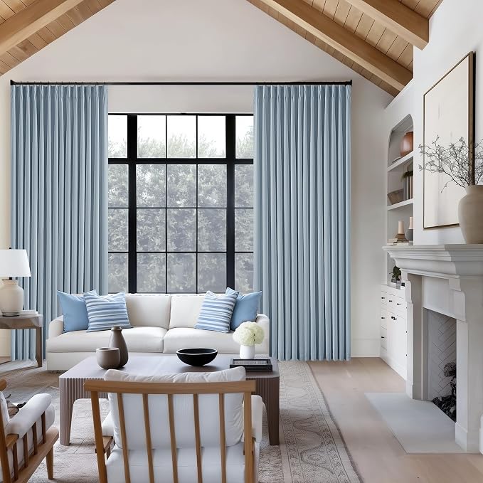 Dusty Blue Pinch Pleat 100% Blackout Linen Bedroom Curtains 96 Inch Length | Double Layer Pleat Curtains with Ring Hooks Back Tab, Black Out Room Darkening Drapes, for Living Room Bedroom, Light Blue