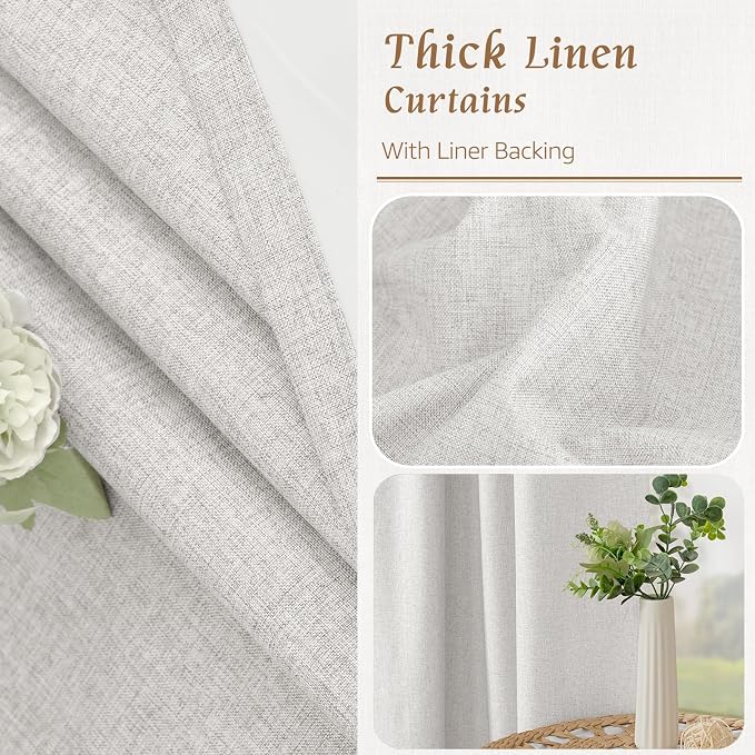 54 Inch Natural 100% Blackout Linen Curtains 2 Panels, 42 x 54 Inch | Light Grey, Thermal Insulated, Privacy, Bedroom, Curtains for Farmhouse, Rod Pocket Back Tab Neutral Panels, with White Liner