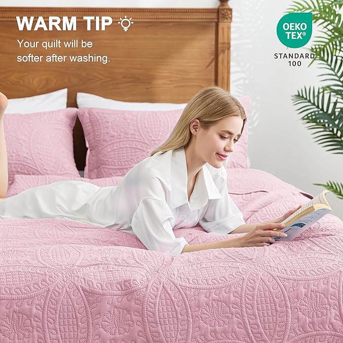 Love's cabin Oversized King Size Quilt Bedding Set Pink Bedspreads - Oversized King Lightweight Bedspread Comforter - Coin Pattern Coverlet for All Season - 3 Pieces (1 Quilt, 2 Pillow Shams)