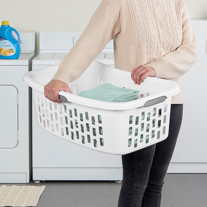 Sterilite 18 Pack HipHold Laundry Basket, Plastic Rectangle Clothes Hamper with Comfort Grip Handles & Reinforced Rim, 1.5 Bushel Capacity, White