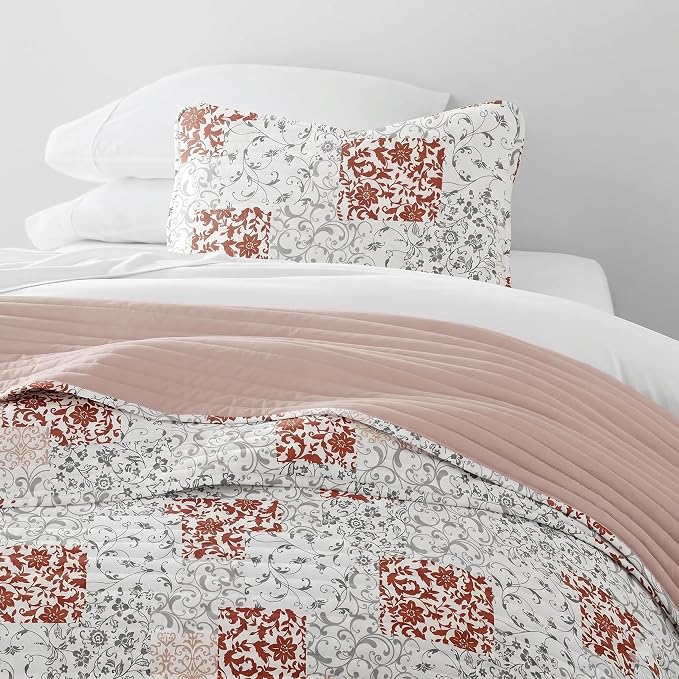 Merit Linens Soft Quilt Coverlet Bedding Set - Pattern/Solid Reversible - Twin/TwinXL Blush