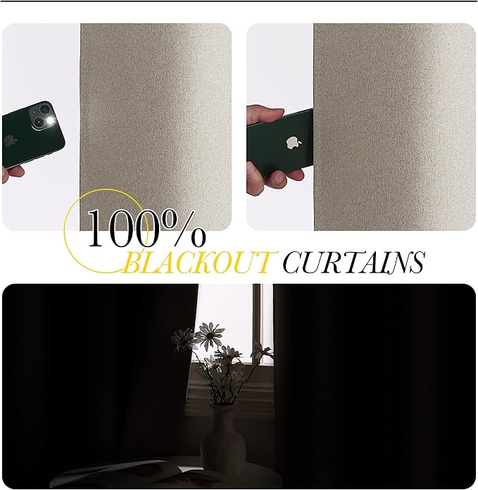 NICETOWN 100% Blackout Curtains for Bedroom 84 inches Long Linen Textured | Thermal Insulated & Noise Reducing Draperies for Living Room, Farmhouse Style Full Light Blocking, W52 x L84 in, 2 PCs, Beige