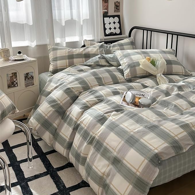 mixinni Full Size Buffalo Plaid Duvet Cover Set - 3 Piece Green White Geometric Bedding Set with Zipper Closure & Ties, 100% Washed Cotton Soft Breathable Duvet Cover for Men, Women, Teens (Full)