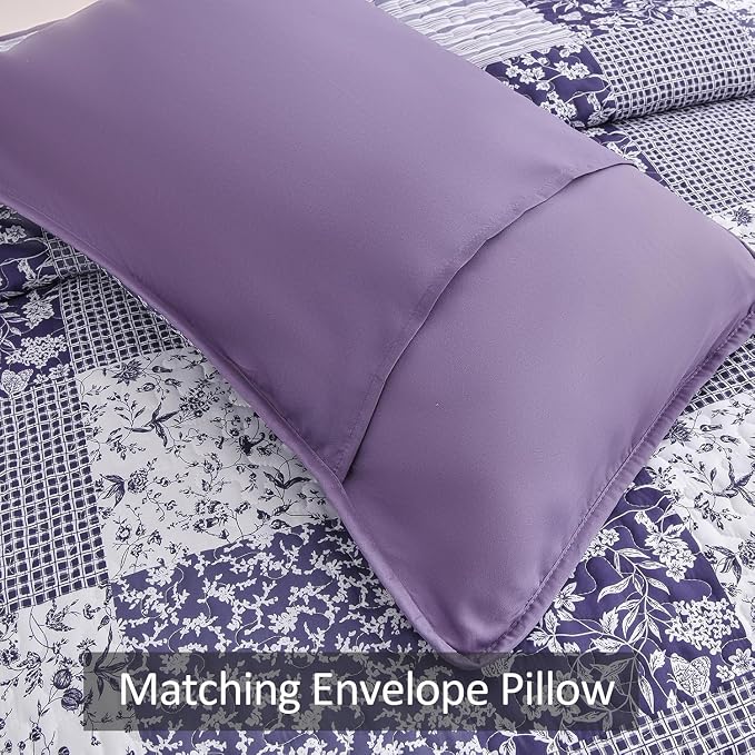 Mybedsoul Purple Twin Quilt Dorm Bedding, Patchwork Floral Bedding Set | Soft Lightweight Microfiber Floral Coverlet Set, 2 Pieces Plaid Reversible Bedspread, Bed Sets for All Seasons 68"x86"