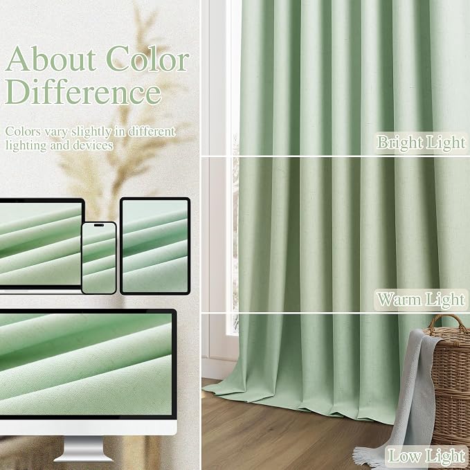 Aqua Green 100% Blackout Linen Curtains 90 Inch Length 2 Panels Set for Living Room Bedroom Back Tab Thermal Insulated Black Out Drapes Room Darkening Window Curtains 90 Inches Long