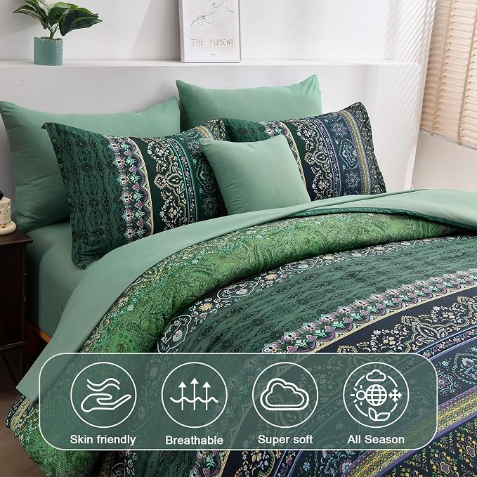 Boho Green Comforter Set King Size,8 Piece Bed in a Bag Bohemian Striped Bedding Quilt Set,Dark Green Paisley Floral Comforter and Sheet Set,Soft Microfiber Complete Bedding Sets for All Season
