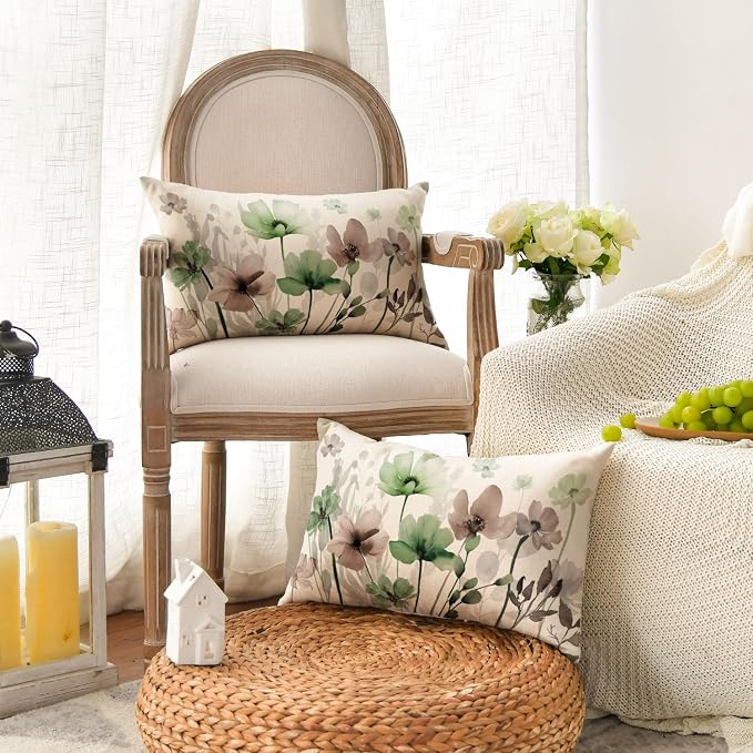 AVOIN colorlife Poppy Flowers Pillow Covers 12x20 Inch Set of 2 | Chinoiserie Sage Green Brown Seasonal Leaves Cushion Case Decoration for Sofa Couch Farmhouse