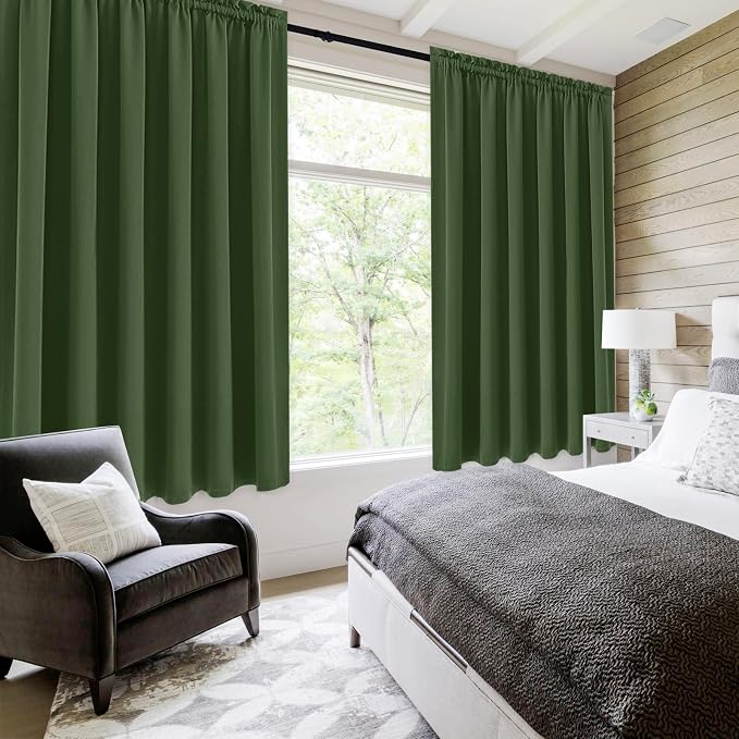 DWCN Wide Blackout Curtains for Bedroom 70 x 63 Inch Long Olive Green | 2 Panels Set, Room Darkening, Thermal Insulated, Light Blocking, Rod Pocket Drapes, Noise Reducing Window Treatment