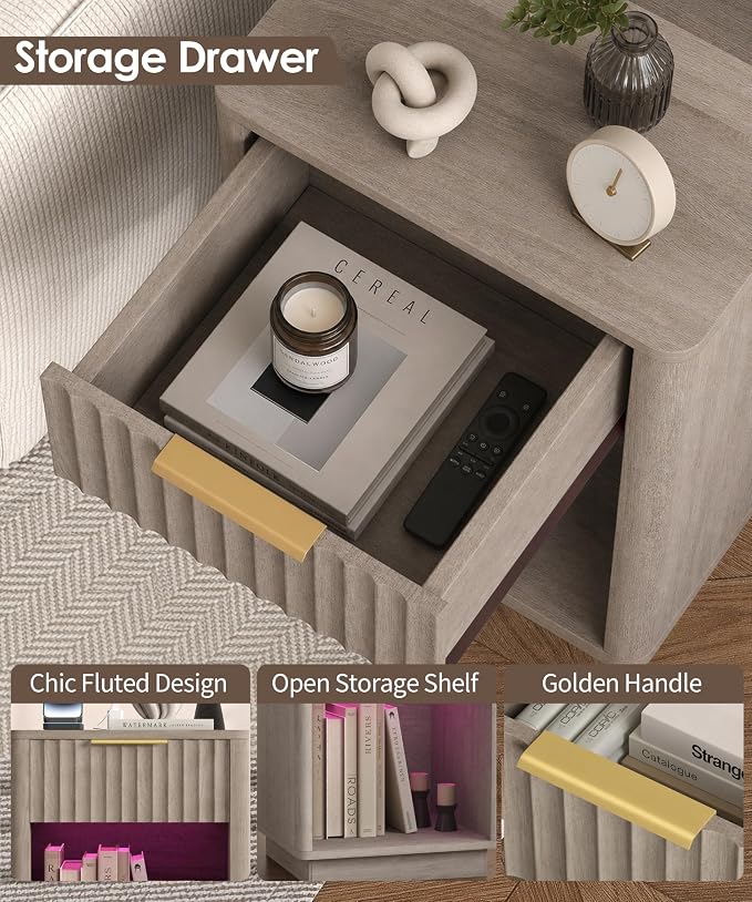 Akxomel Fluted Nightstand Set 2 Bedside Table with Charging Station Greige | Wooden Side Table with LED Light, Modern Mid Century End Table with Drawer, 15" D x 15.7" W x 22.6" H, for Bedroom