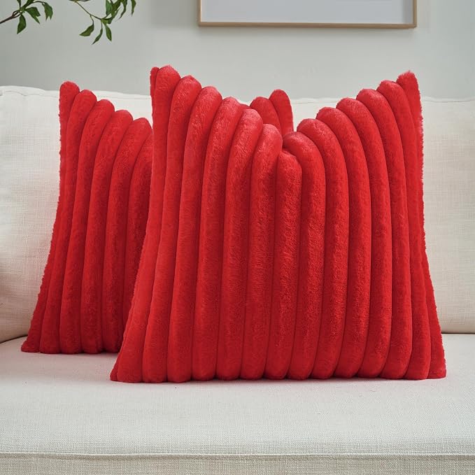 FUTEI Pack of 2 Faux Fur Throw Pillow Covers 18x18 Inch, Red | Fluffy Faux Rabbit Fur Front/Premium Velvet Back,Hidden Zipper,Machine Washable,Non-Shedding,Colorfast,Insert Not Included.